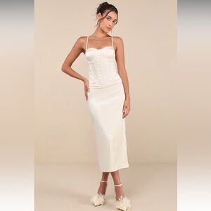 Lulus Alluring Duo Cream Satin Bustier Two-Piece Midi Dress